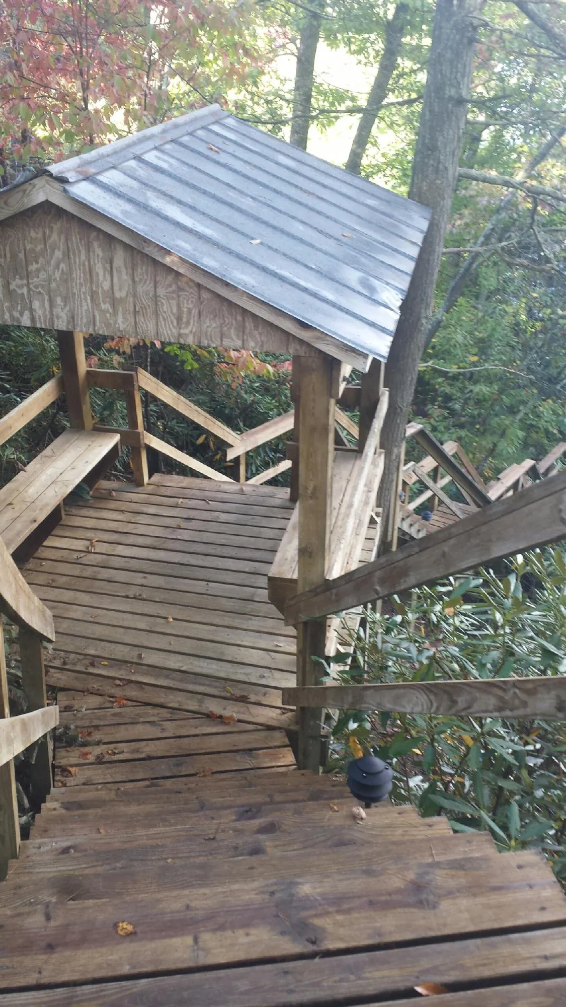 Metal roofed shelter over wooden steps on a wooded walkway — Skylight Repair & Installation work by our crew in Chatom